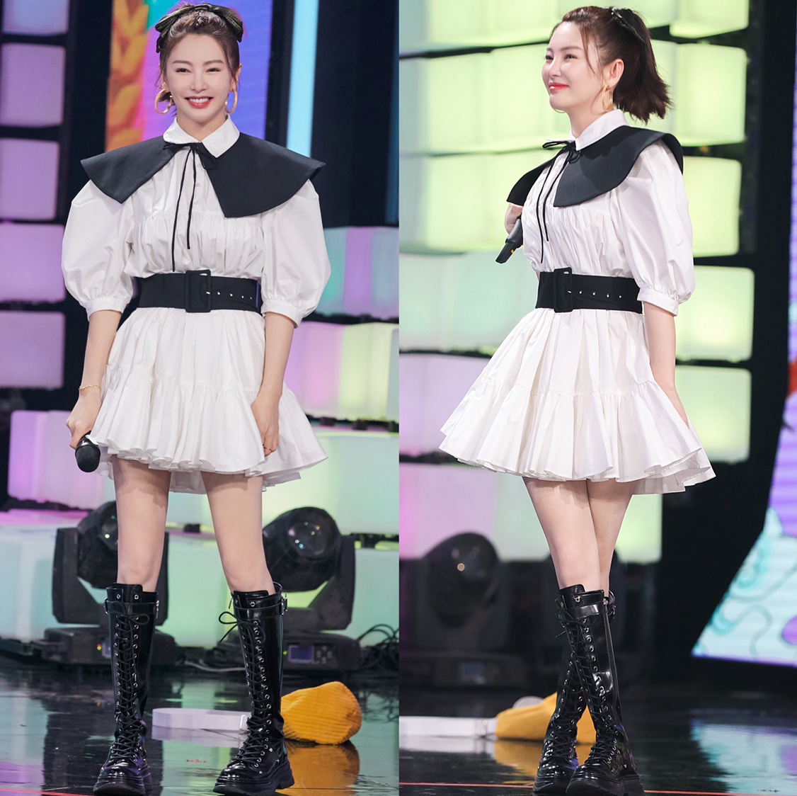 快乐大本营张雨绮同款白色连衣裙女黑白披肩泡泡袖衬衫高腰短裙子