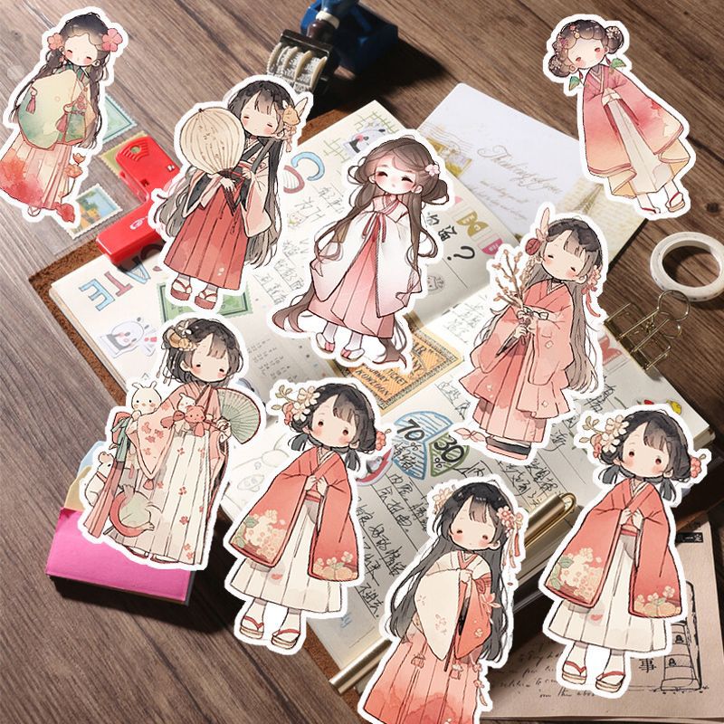 古风手帐贴纸中国风手账人物女孩贴画套装咕卡手机手杖 diy装饰贴