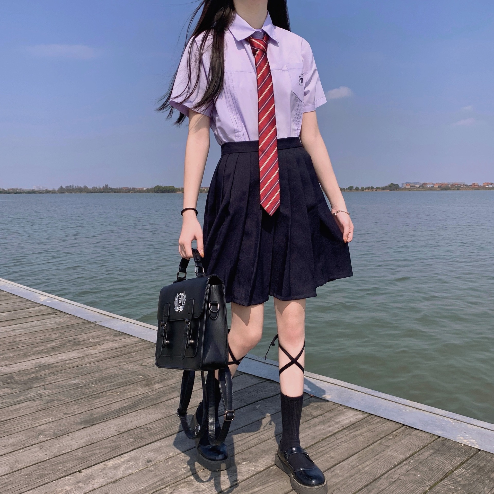 2022新款 小岚中短袖刺绣衬衣jk纯色百褶裙制服套装学姐学院风