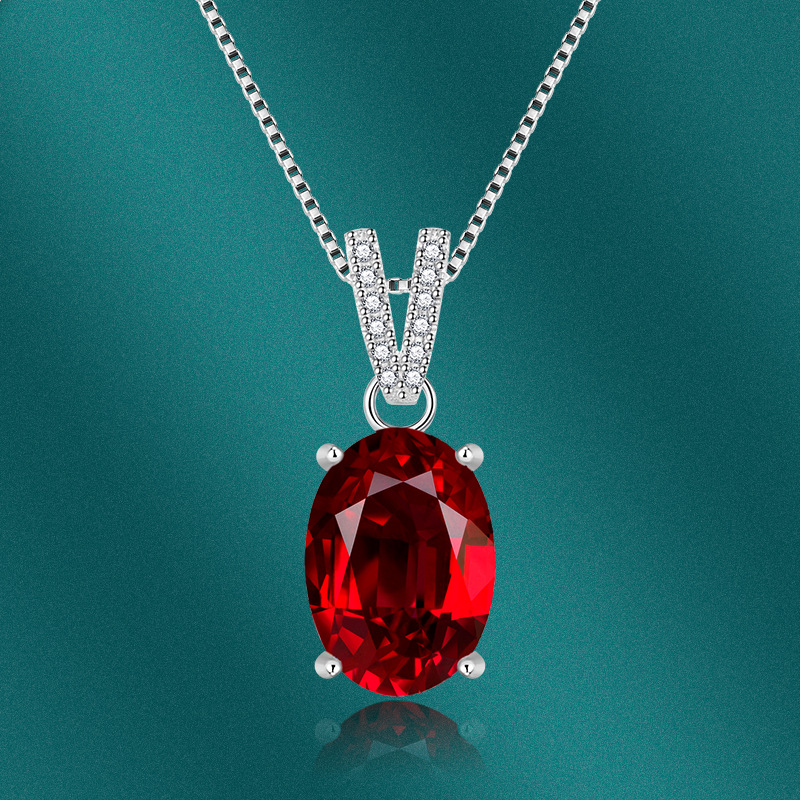 欧美跨境配饰莫桑钻彩钻吊坠简约椭圆形红宝石项链女项饰一件代发