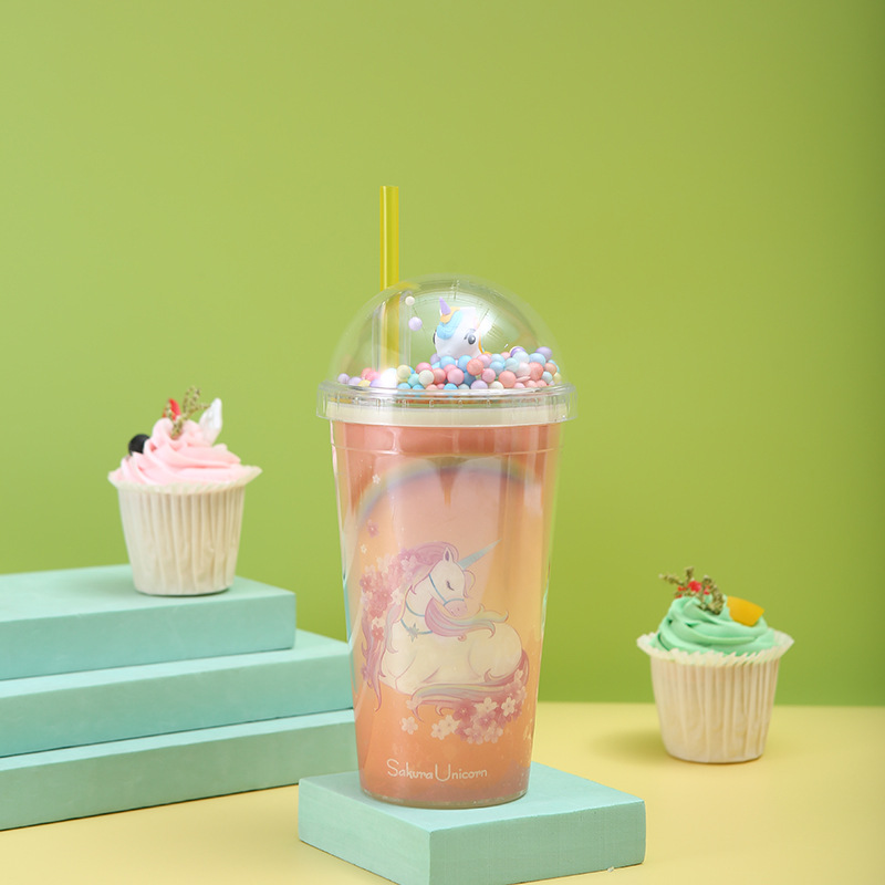 Factory Direct Creative Cartoon Unicorn Straw Cup High-Looking Double-Layer Plastic Ice Cup Gift Cup Wholesale