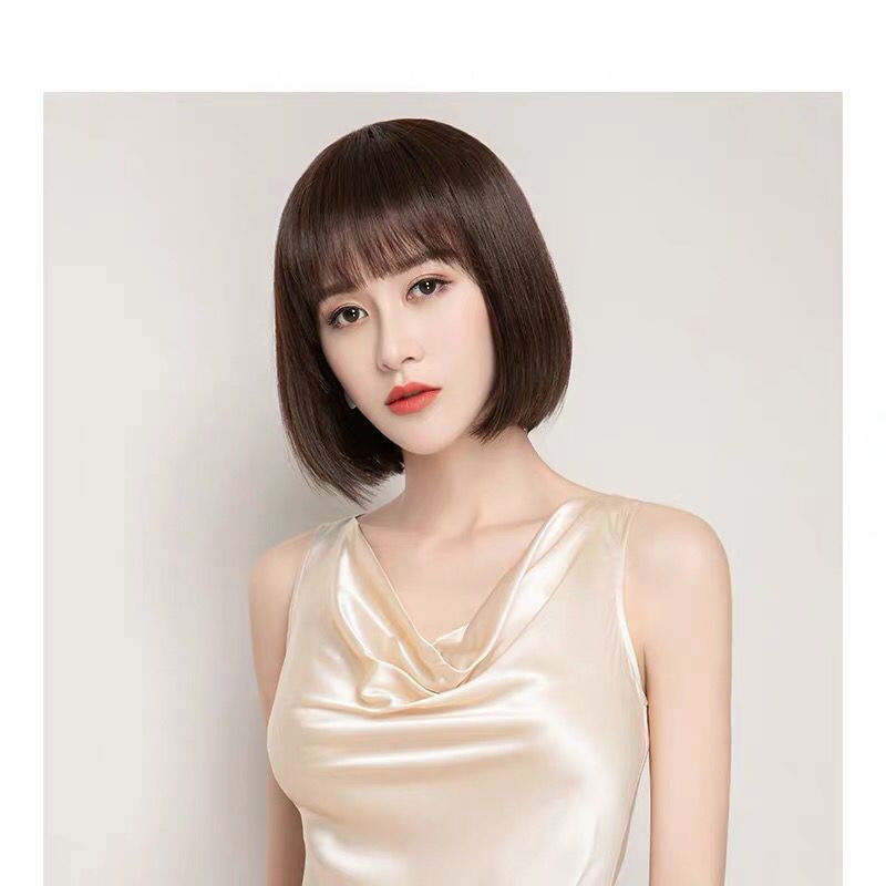 假发女短发全头套式真人发丝自然少女时尚洋气短发造型圆脸bobo头