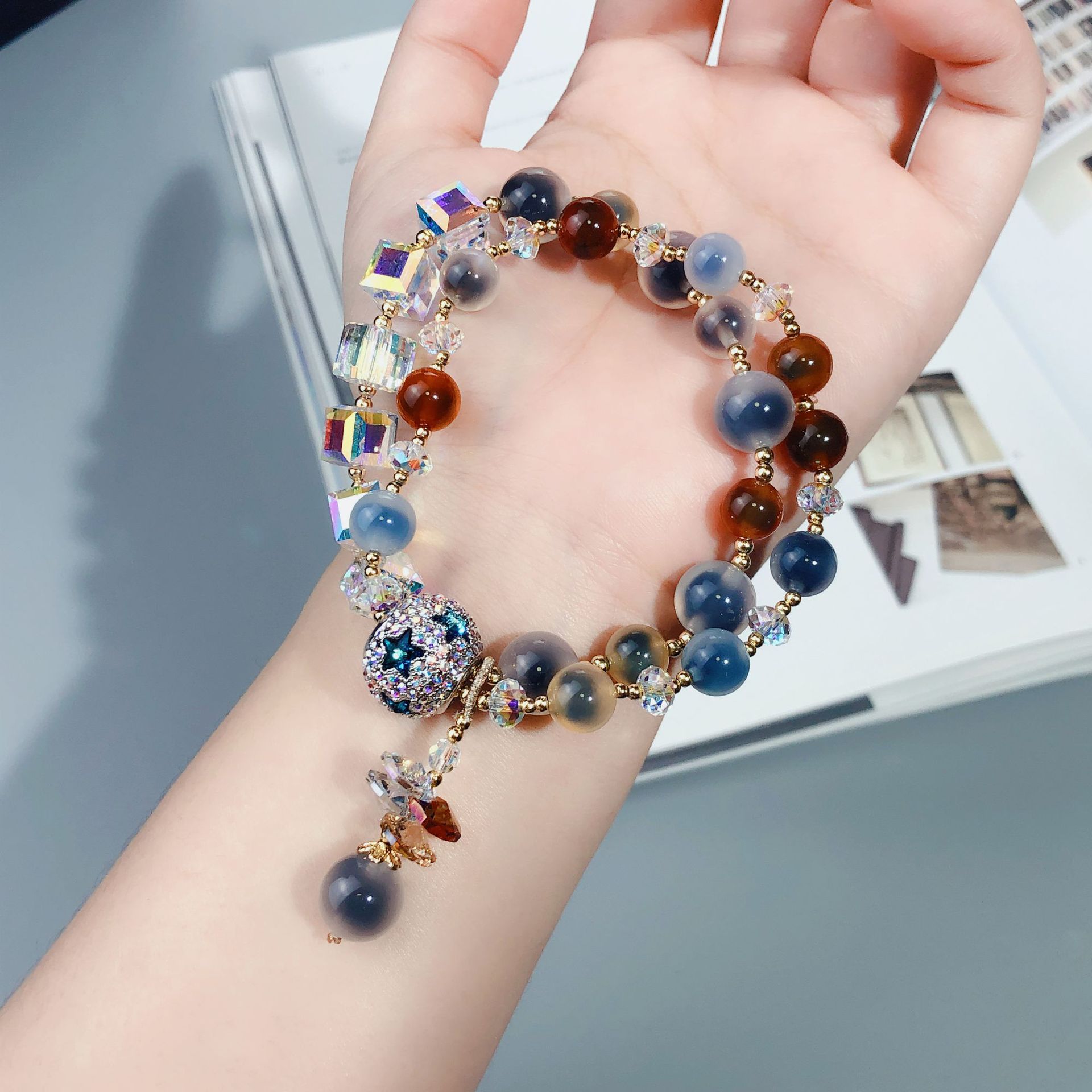 彩色糖心玛瑙手链女两圈奥地利水晶手串手工饰品串珠配饰首饰礼品