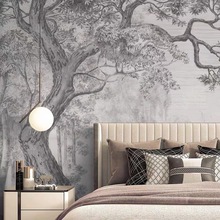 法式复古轻奢墙纸客厅沙发卧室背景墙布北欧雨林丛林大树壁布壁画