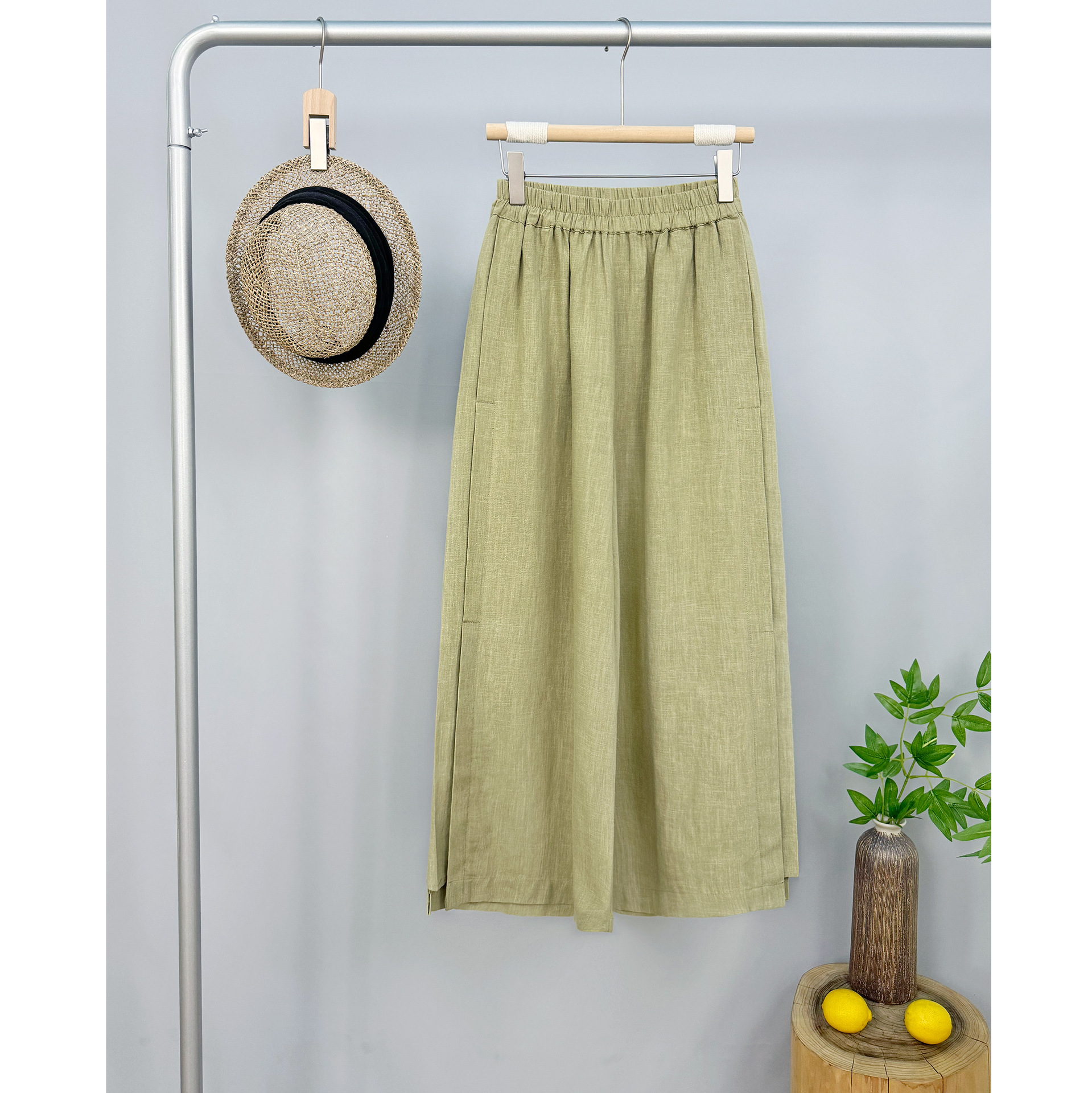 24夏季新品高端天丝苎麻砂洗阔腿裤设计感拼接松紧腰休闲棉麻女裤