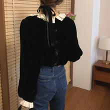 百褶荷叶领黑色丝绒衬衫女法式小众设计感复古两面穿娃娃衫上衣
