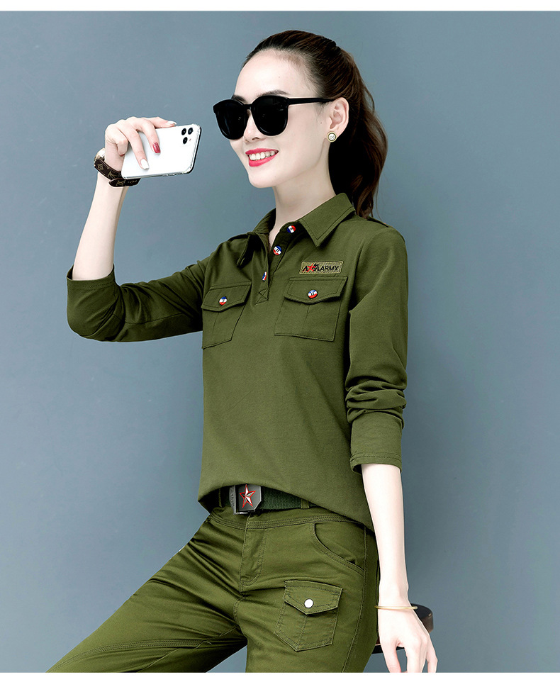 翻领长袖t迷彩服女套装春秋大码t恤户外迷彩工装裤水兵舞服两件套