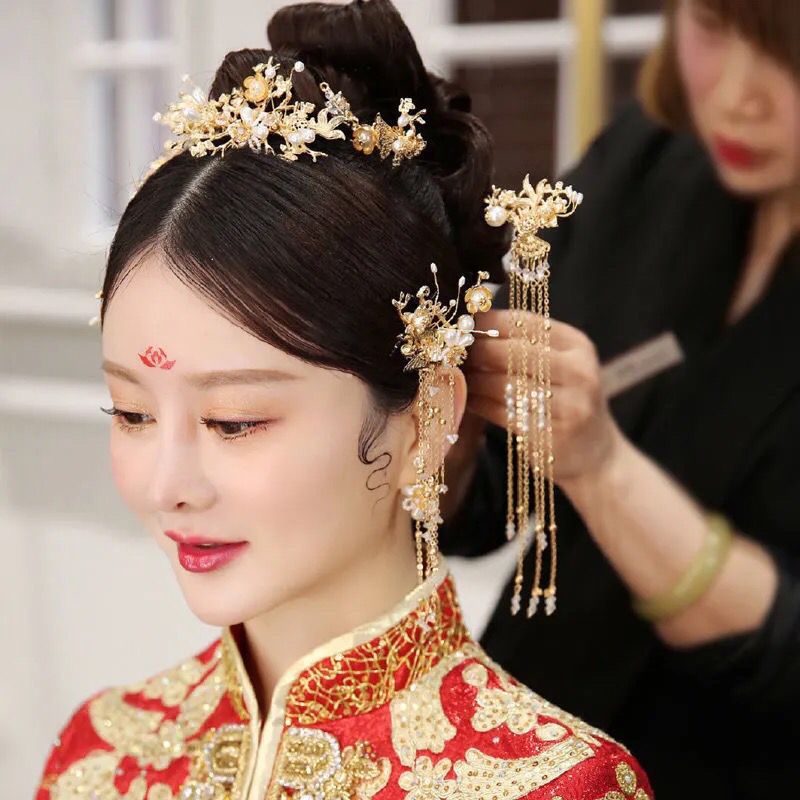 中式发饰汉服新娘头饰套装流苏龙凤褂古风秀禾服结婚红色古装凤冠