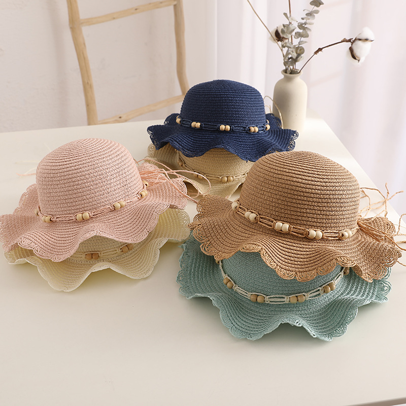 Summer Sun Protection Big Brim Beach Hat Bucket Hat Korean Children Wooden Buckle Bow Sunhat Little Girls' Straw Hat