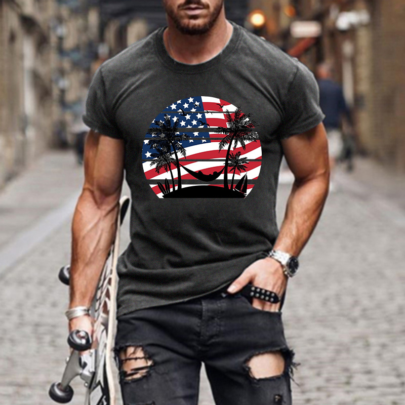 欧美跨境服装indenpendenceday落日沙滩印花修身款圆领男t