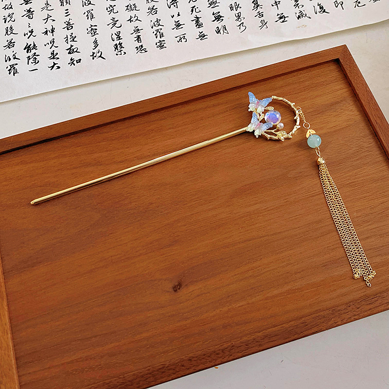 Sweet Moonstone Pearl Butterfly Tassel Hairpin New Chinese Cheongsam All-Match Hairpin Ancient Style Elegant New Hair Accessories