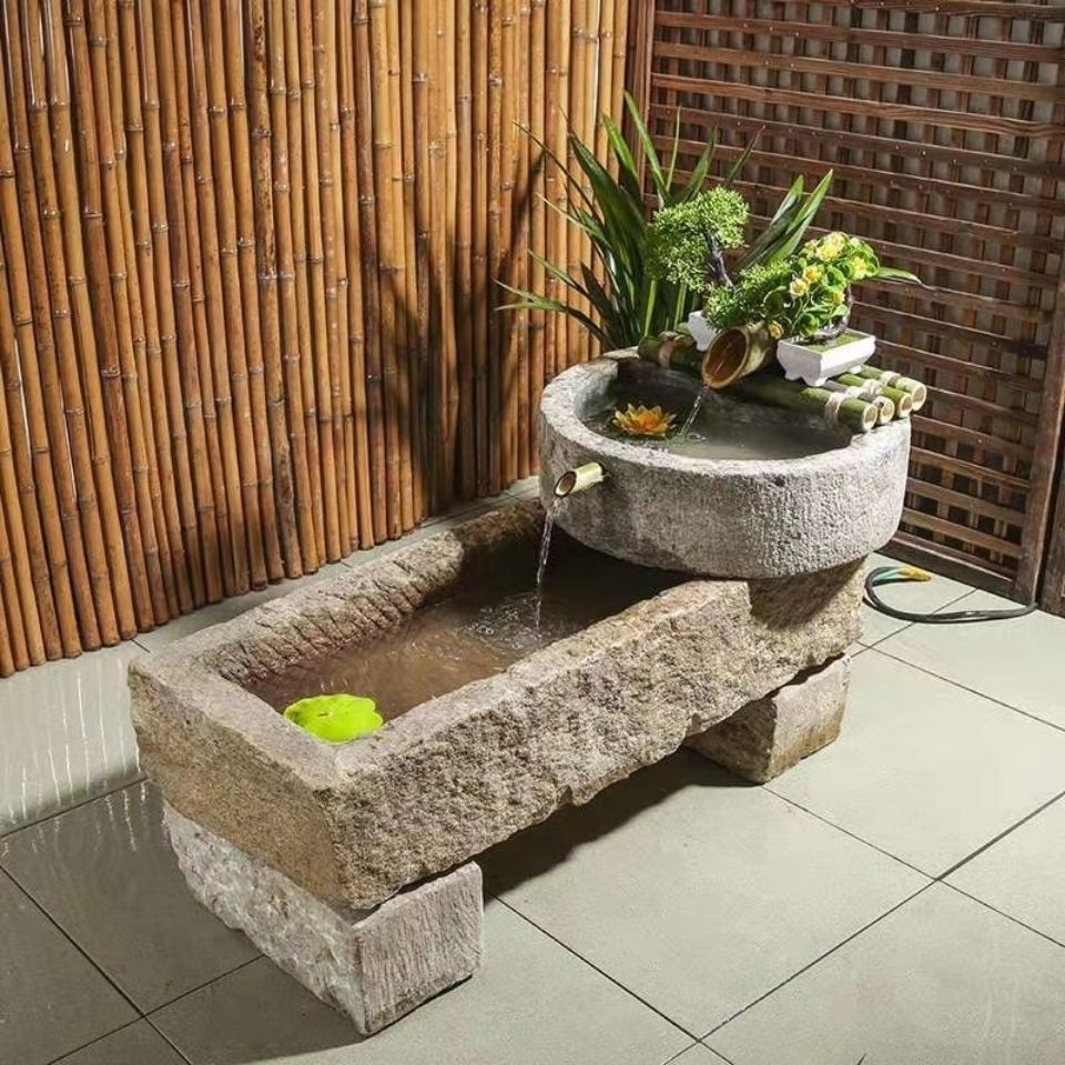 青石牛槽鱼缸马槽流水老旧石槽水景大型风水招财摆件庭院水槽喷泉