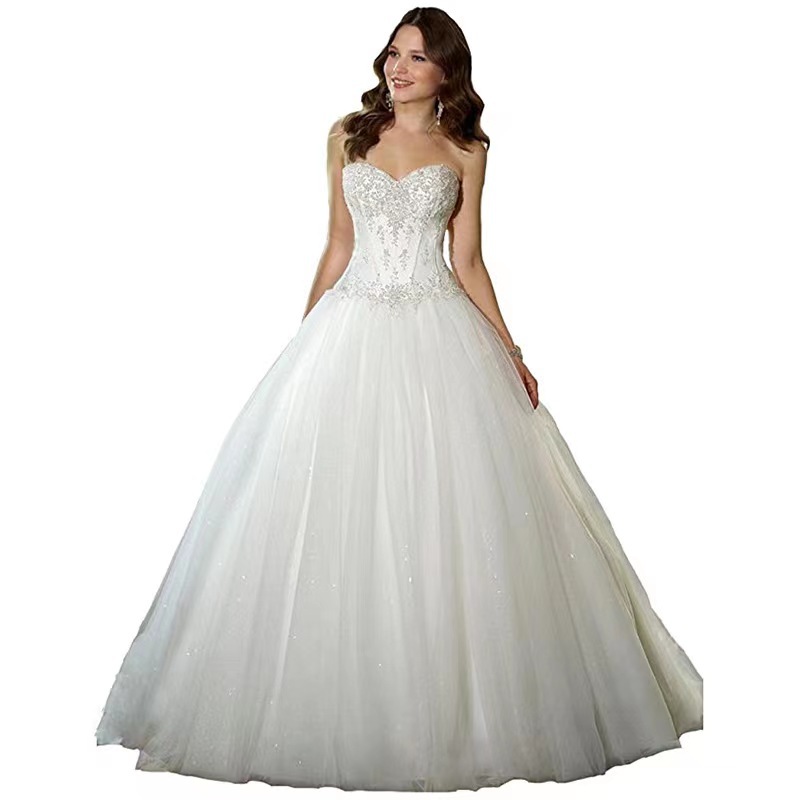 白色婚纱女2022新款亚马逊心形领珠绣紧身显瘦连衣裙经典婚纱批发