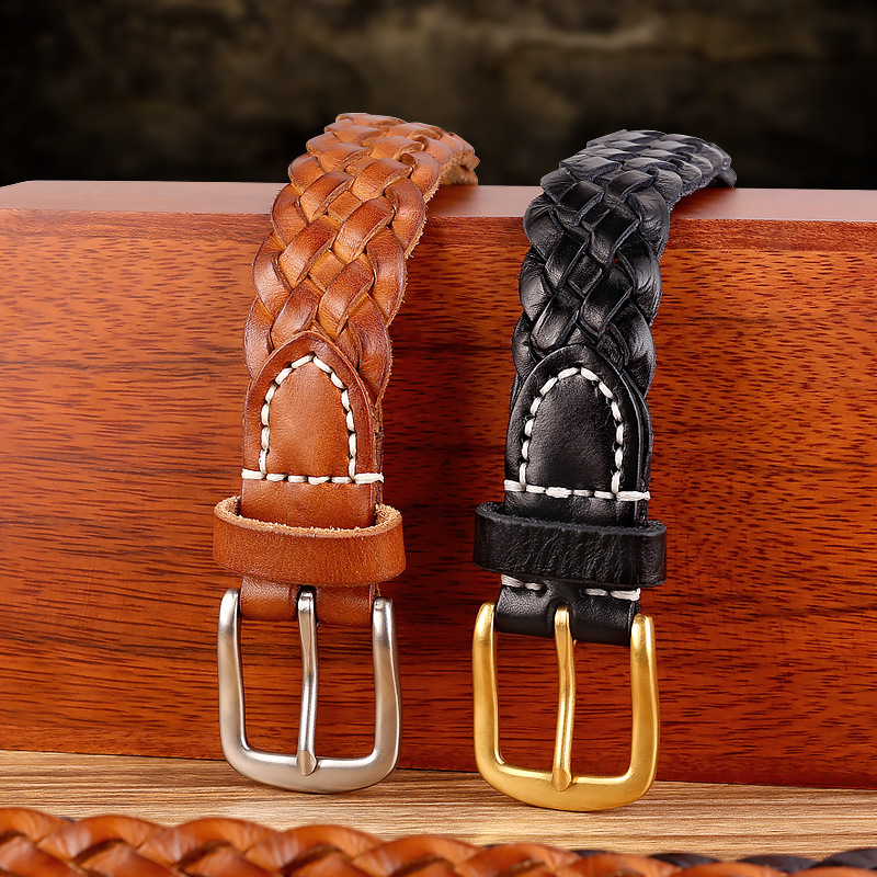马登工装复古编织植鞣牛皮真皮腰带配饰带头针扣皮带男女通用现货