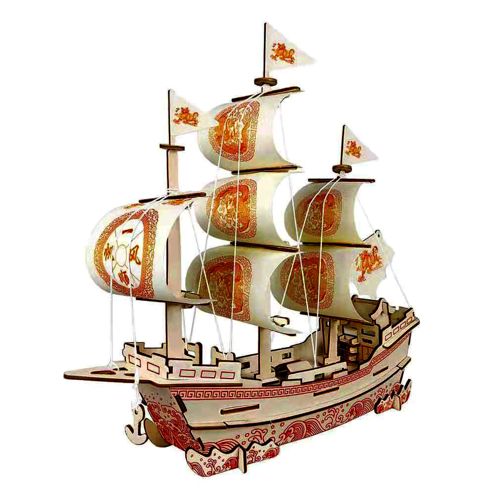 成人大号激光木质3d立体拼图木制一帆风顺拼装船模型一件代发批发