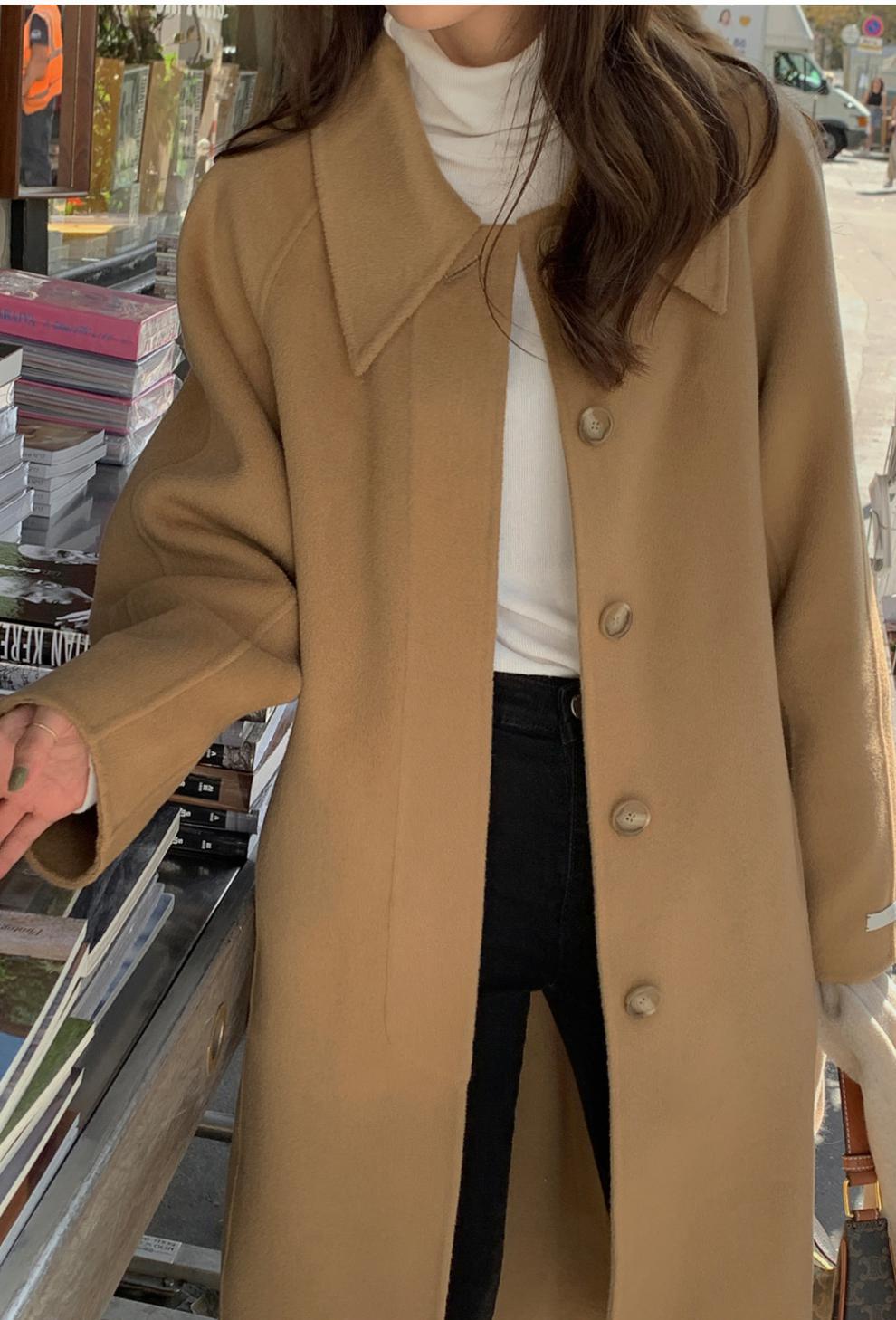 韩国ins气质优雅百搭长款毛呢外套秋冬通勤翻领单排扣呢子大衣