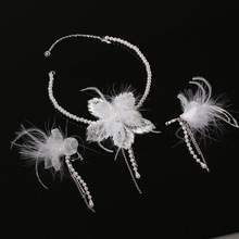 新娘项链超仙手工羽毛珍珠蕾丝花颈链耳环套装结婚气质造型锁骨链