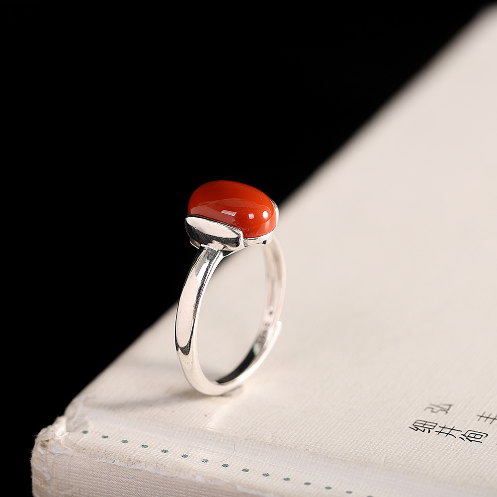 人品银品 时尚小清新手饰s925银饰品南红玛瑙戒指 开口指环新品