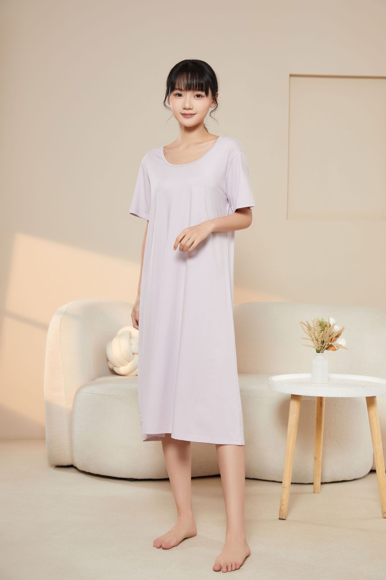 50 Combed Cotton Nightdress Women's Summer Loose Pure Color Simple Casual Nightdress Midi Dress Ladies' Homewear