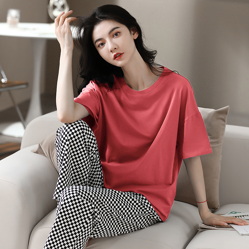 Modal Pajamas Women's Summer Thin round Neck Pullover Short Sleeve Trousers Suit Spring and Summer Cotton Silk Home Wear Can Be Worn outside