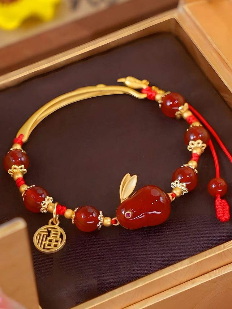 Red Agate K Gold Animal Year Rabbit Bracelet Female Hetian Jade Escaped Princess Bracelet New Year Gift