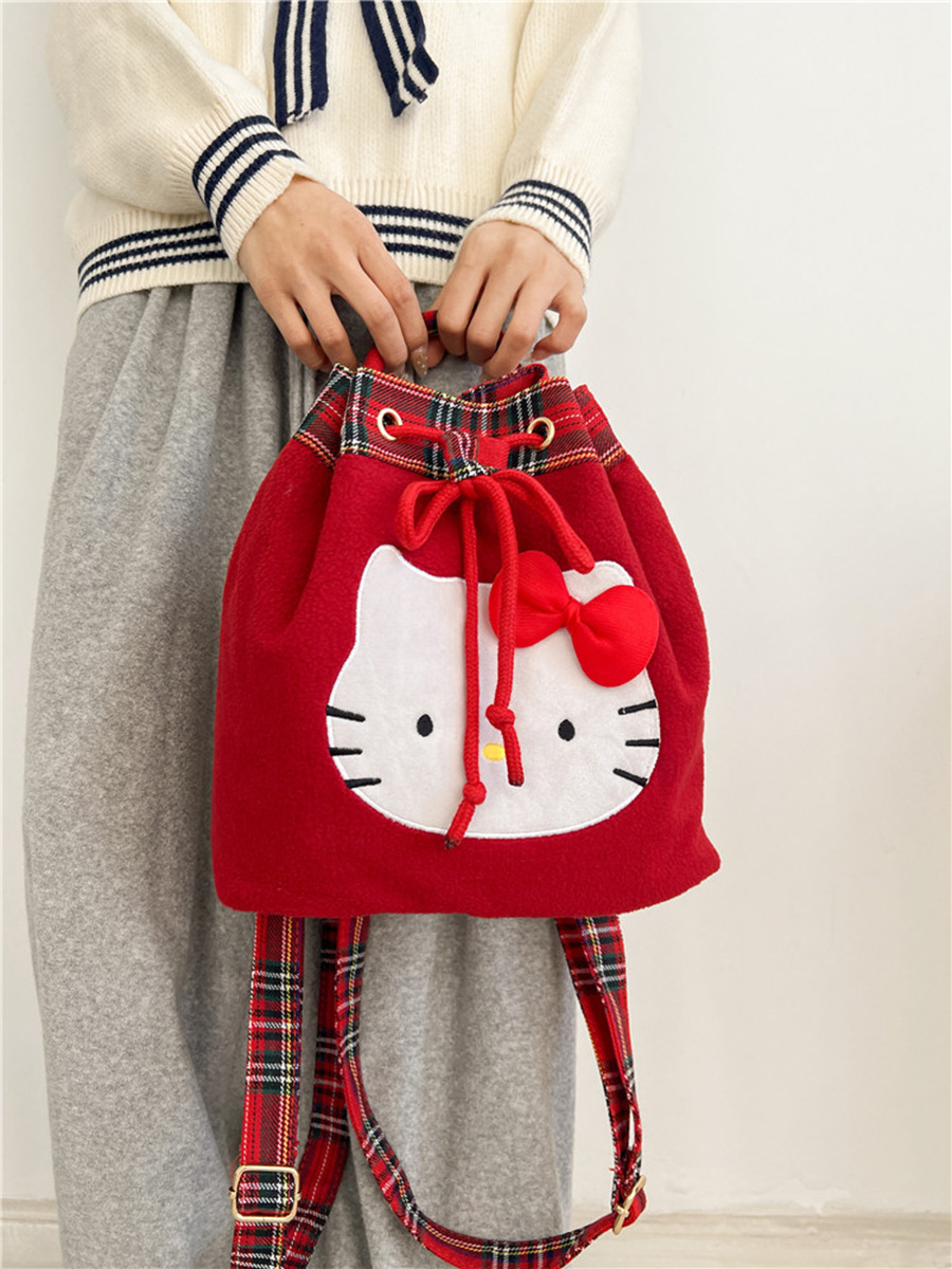 Japanese Cute Hello Kitty Retro Red Plaid Plush Backpack College Style Super Christmas Small Backpack for Women