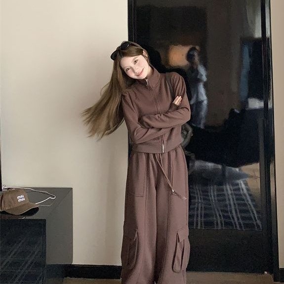 美式复古棕色立领长袖宽松卫衣外套女秋季休闲运动套装工装阔腿裤