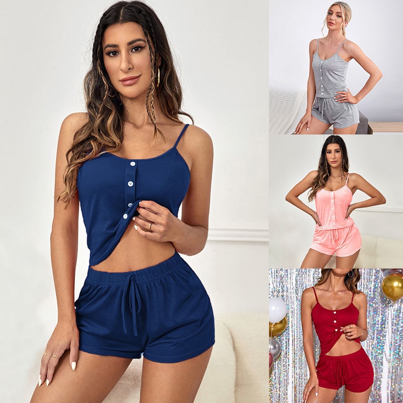summer new european and american pajamas women‘s fake button sexy camisole suit vest shorts can be worn outside women‘s home