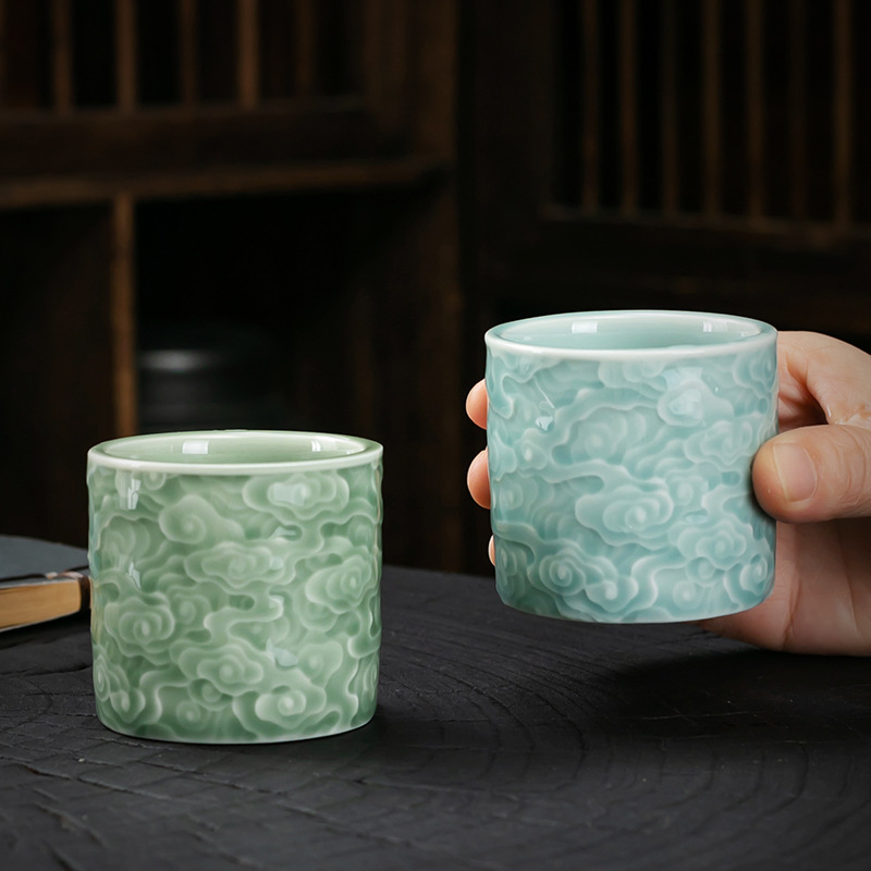 青瓷浮雕祥云功夫茶杯直筒杯家用主人杯品茗杯陶瓷茶盏单个杯子