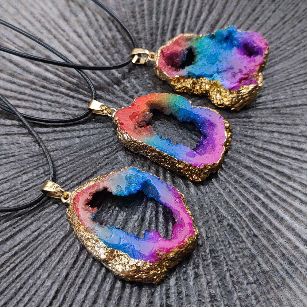 欧美时尚查克拉炫彩项链彩虹水晶不规则自然形成原石包边电镀吊坠