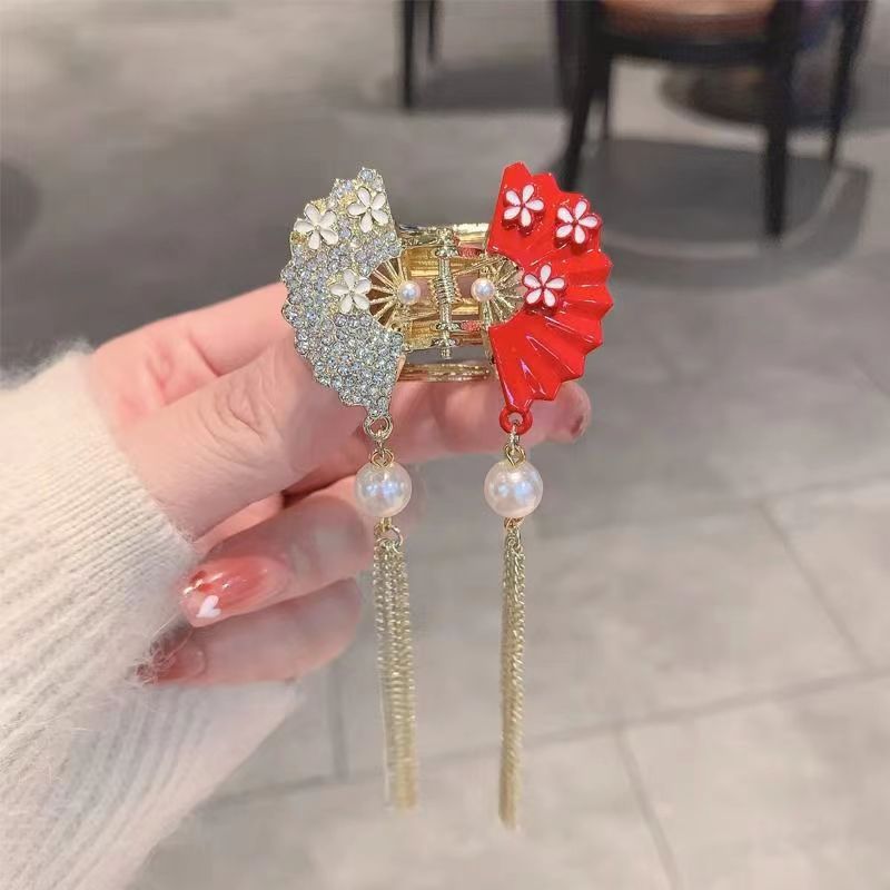 汉服流苏古风抓夹新年红蝴蝶鲨鱼夹盘发发夹女中国风扇子步摇发夹