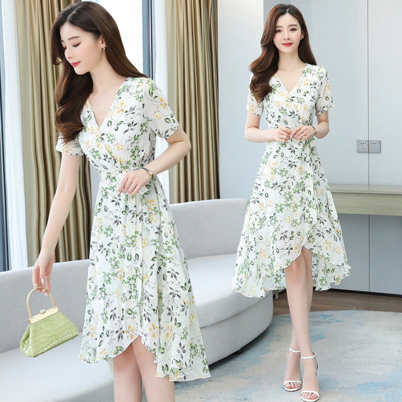 Western Style Youthful-Looking Chiffon Dress Summer 2023 New Gentle Temperament Irregular Floral Skirt Goddess Temperament