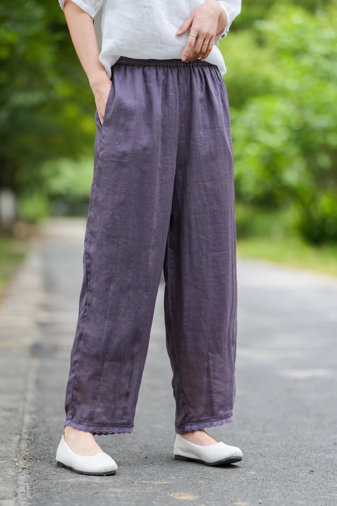 2023夏季新款苎麻双层休闲裤复古纯色哈伦裤女士文艺脚口花边裤子