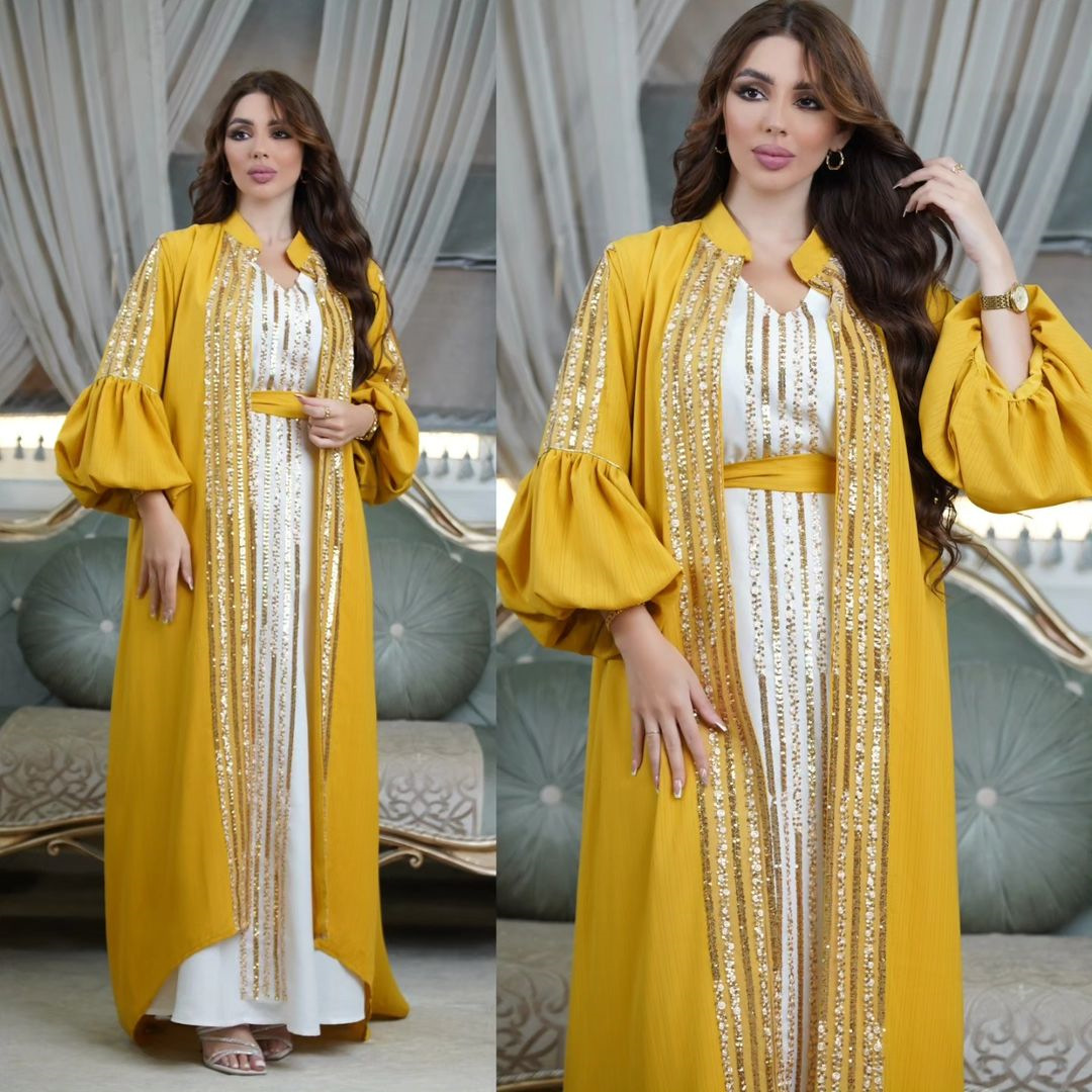 Ab326 Middle East Kuwait Robe Muslim Fashion Women's Wear Sequin Embroider Two-Piece Set Puff Sleeve Dress