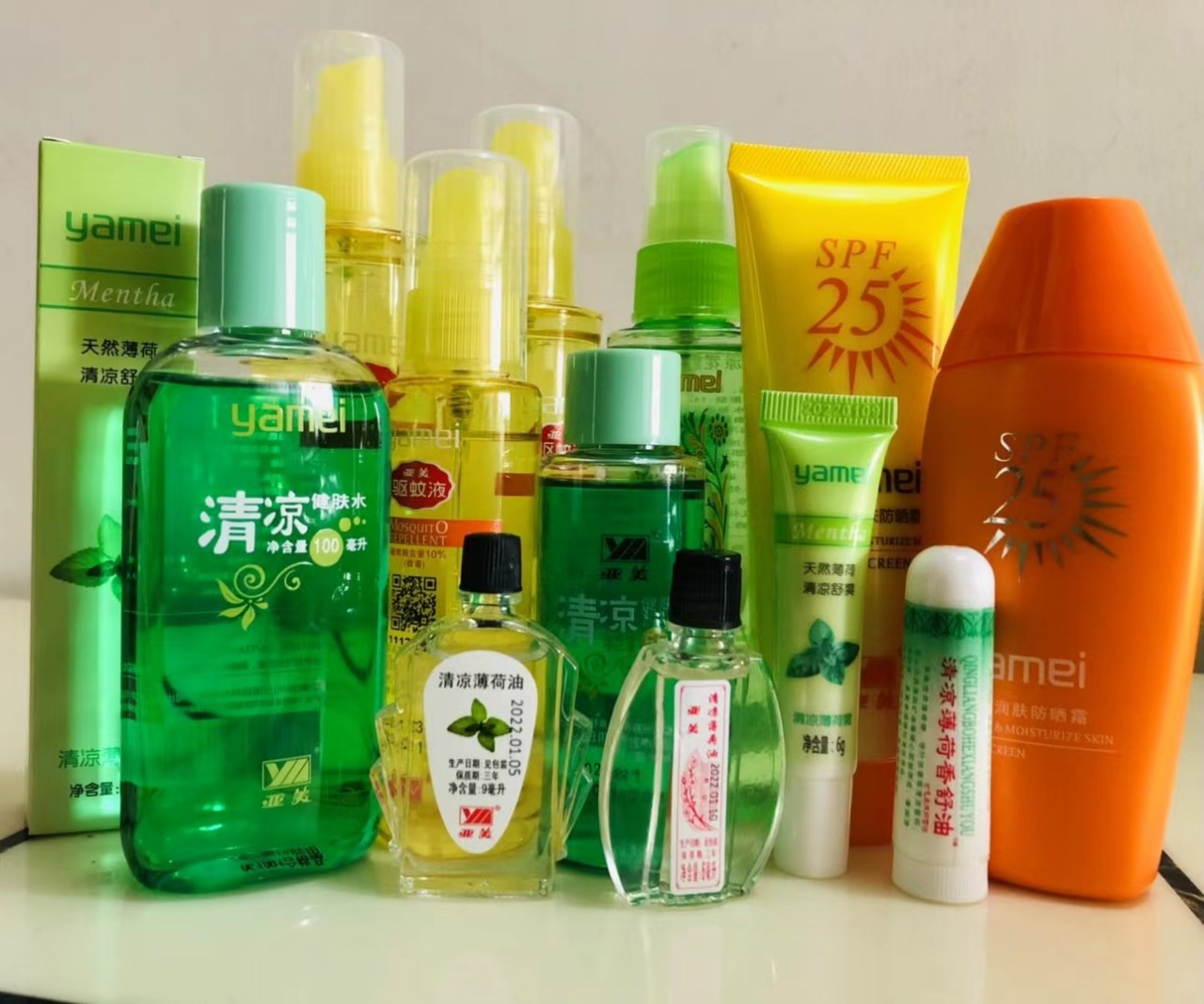 国货亚美夏令5件套健肤水薄荷油香舒油防晒露驱蚊防蚊喷雾瓶抑菌
