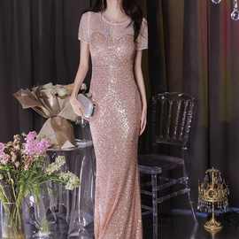 大码金色亮片礼服短袖生日主持人高端鱼尾伴娘服艺考成人礼连衣裙