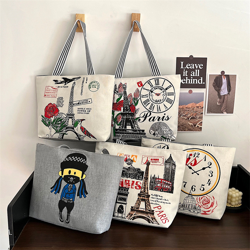 Wholesale Foreign Trade Tote Bag Artistic Fresh Shoulder Bag Female Student Make-up Bag Wholesale Printing Portable Canvas Bag Female