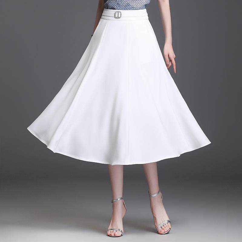 半身裙女a字裙夏季2022新款高腰中长款百褶长裙垂感白色裙子