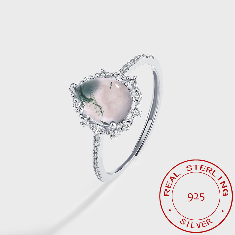 跨境电商新款s925银天然水草玛瑙戒指水滴绿苔藓指戒欧美轻奢时尚