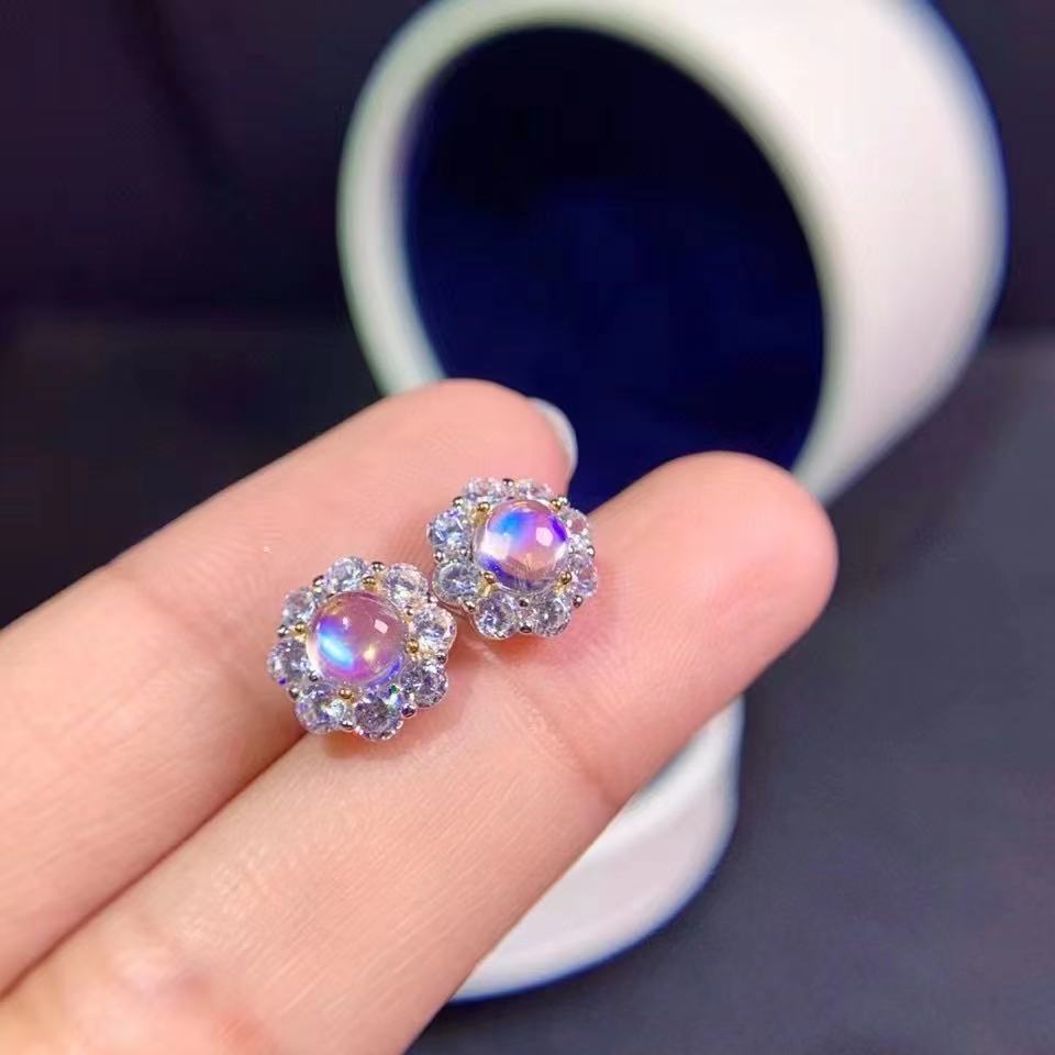 浪漫天然蓝月光耳钉围钻雪花款925银镀金彩宝首饰耳饰女一件代发