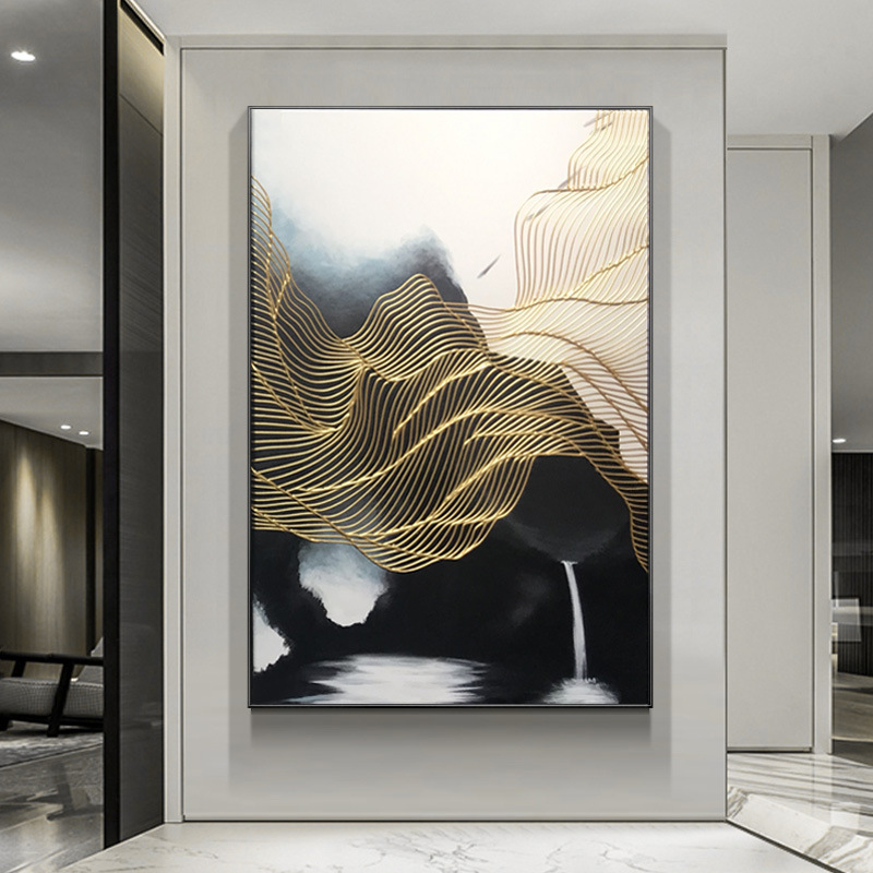 九晟手绘油画现代简约客厅装饰画大幅巨幅黑白线条新中式挂画