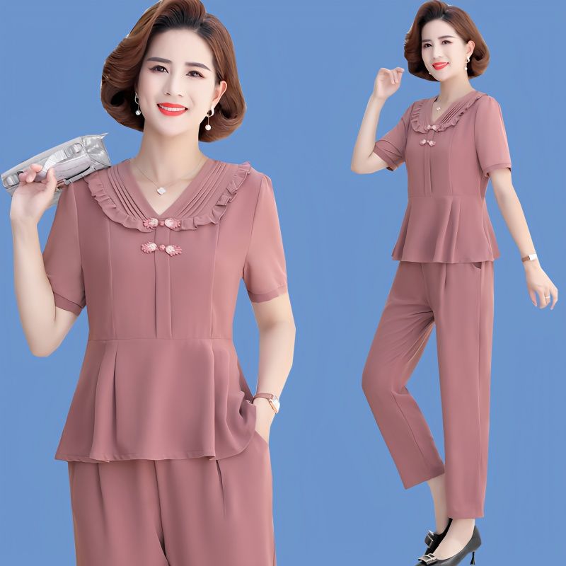 妈妈夏装两件套洋气2024新款中年女装短袖t恤上衣中老年减龄套装