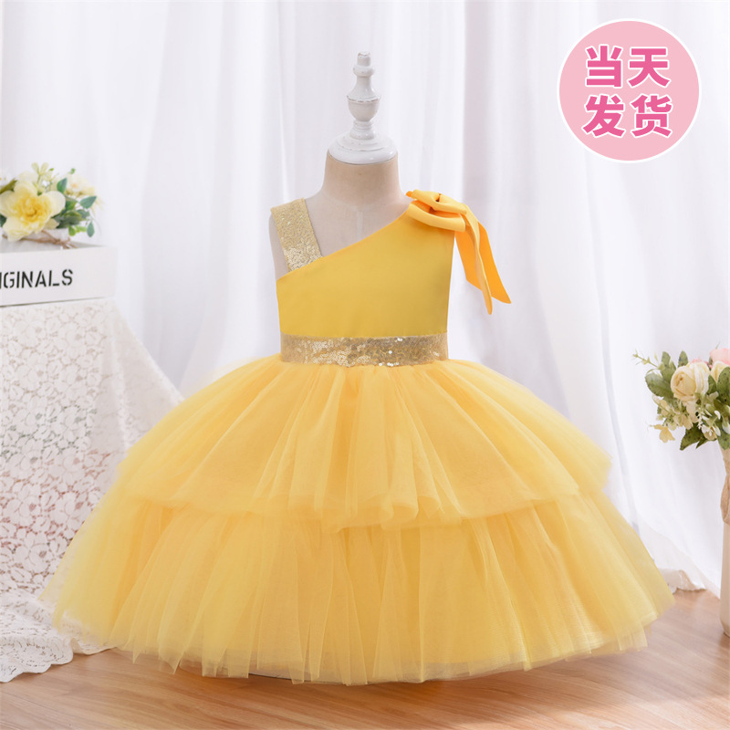 童装跨境女孩走秀钢琴演出晚礼服裙 俏皮可爱网纱露肩蓬蓬公主裙