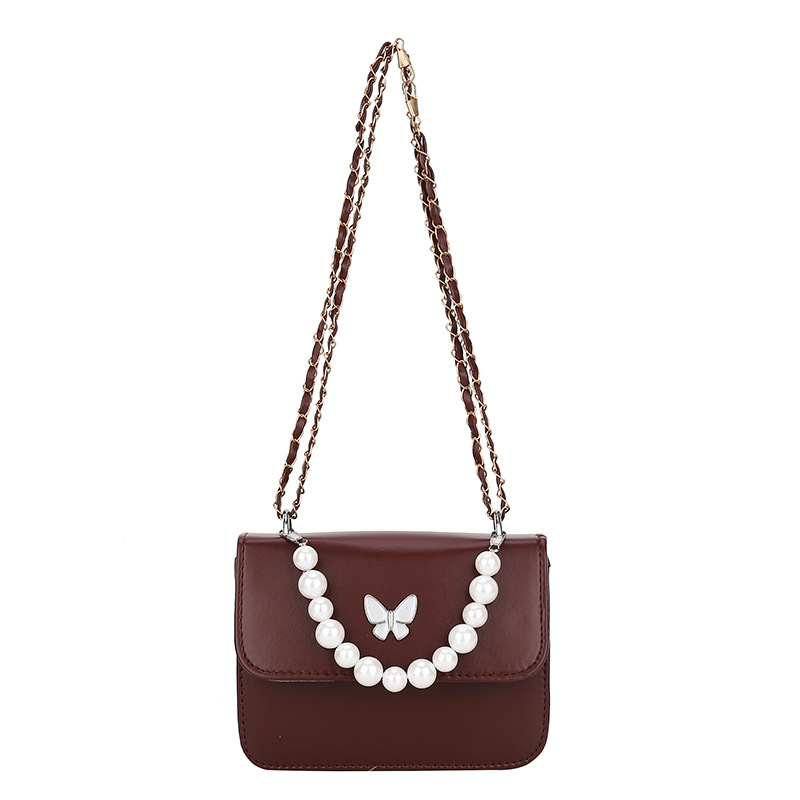 Cross-Border Fashion Shoulder Bag 2022 New Street Trend Butterfly Chain Bag Vintage Pearl Pu Women's Small Square Bag