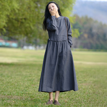 棉麻女装2023春季新款长袖气质连衣裙女设计感收腰中式复古大摆裙