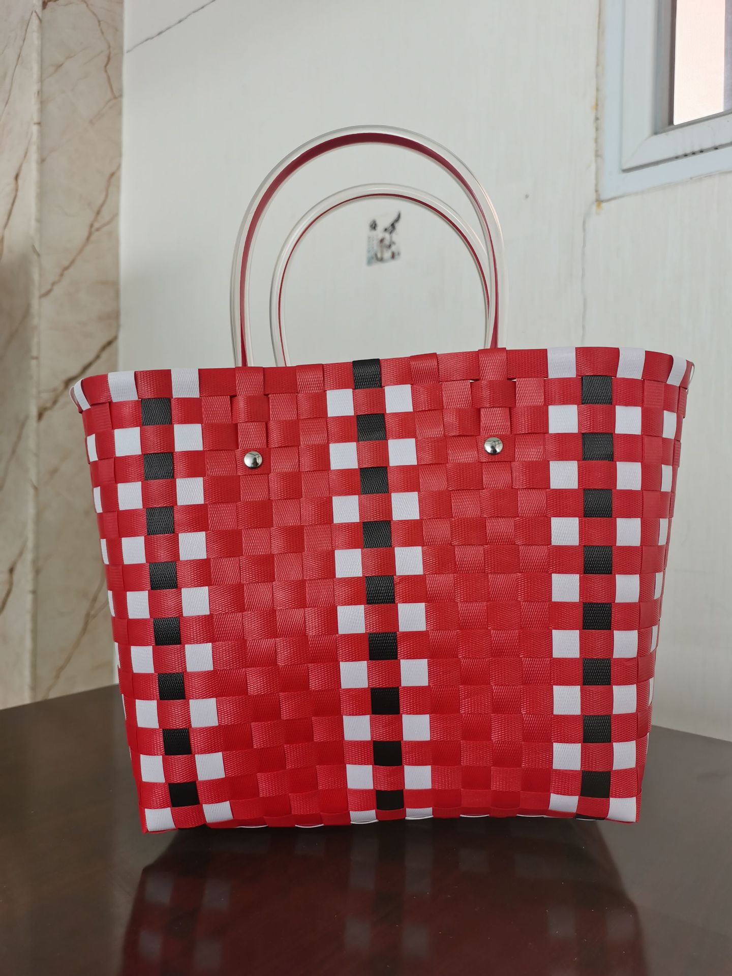 Plaid Color Plastic Open Small Bag Factory Wholesale Square Plastic Hand-Woven Contrast Color Portable Vegetable Basket