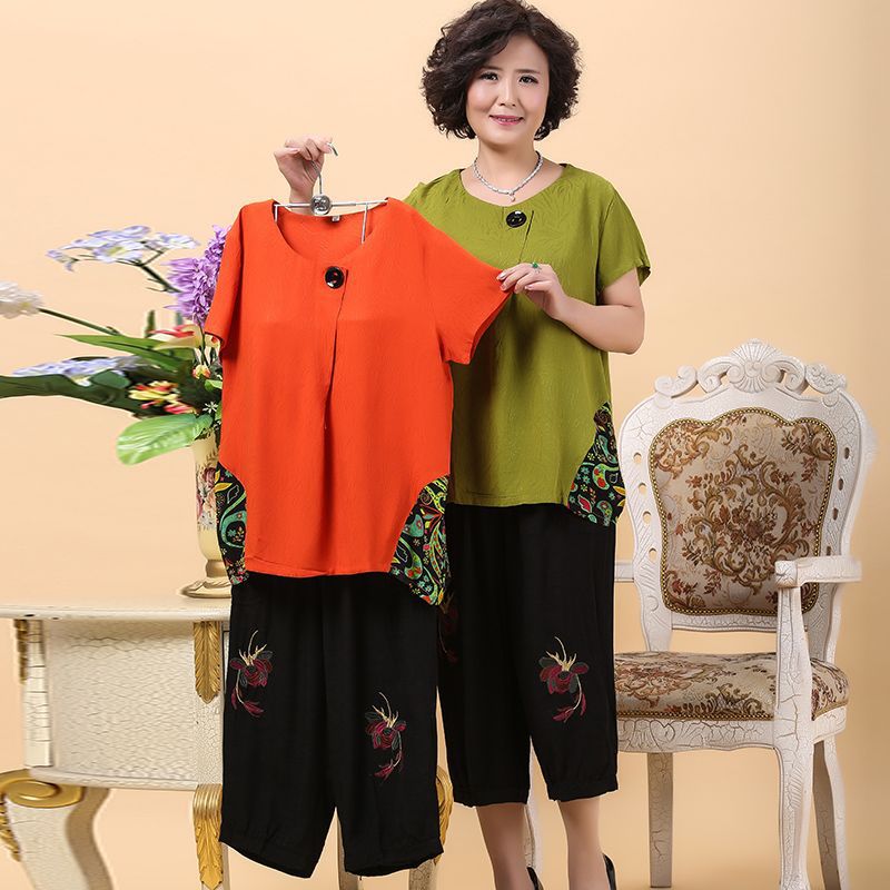 胖老太太大码奶奶装夏装套装老人衣服老年人夏天棉麻两件套200斤