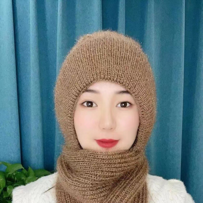 秋冬新款加厚毛线帽 松鼠绒围脖一体风雪帽 护耳防寒加绒针织帽女