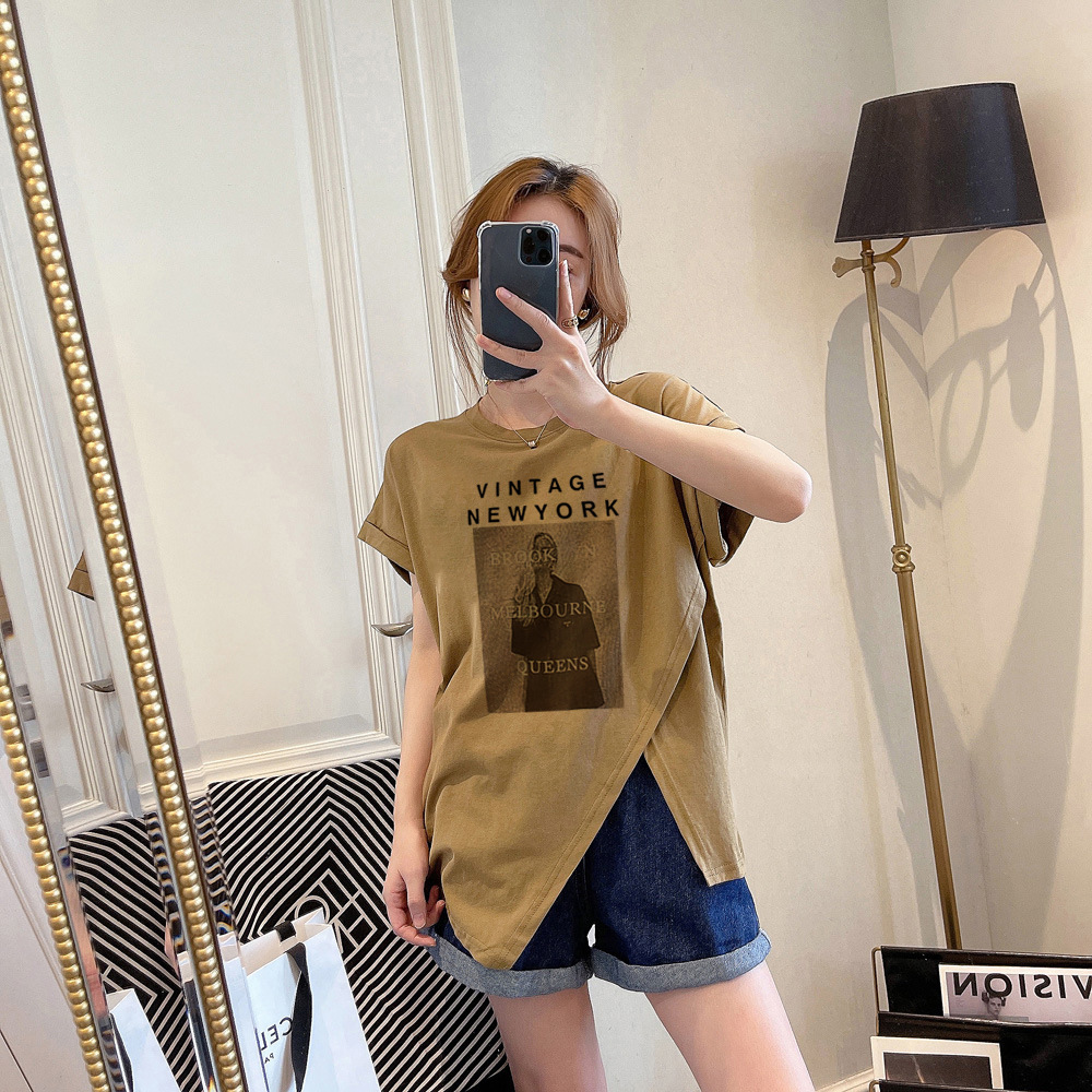 High Cotton Short-Sleeved T-shirt for Women Early Spring Summer Half Sleeve 2023 New Irregular Slit Top T-shirt