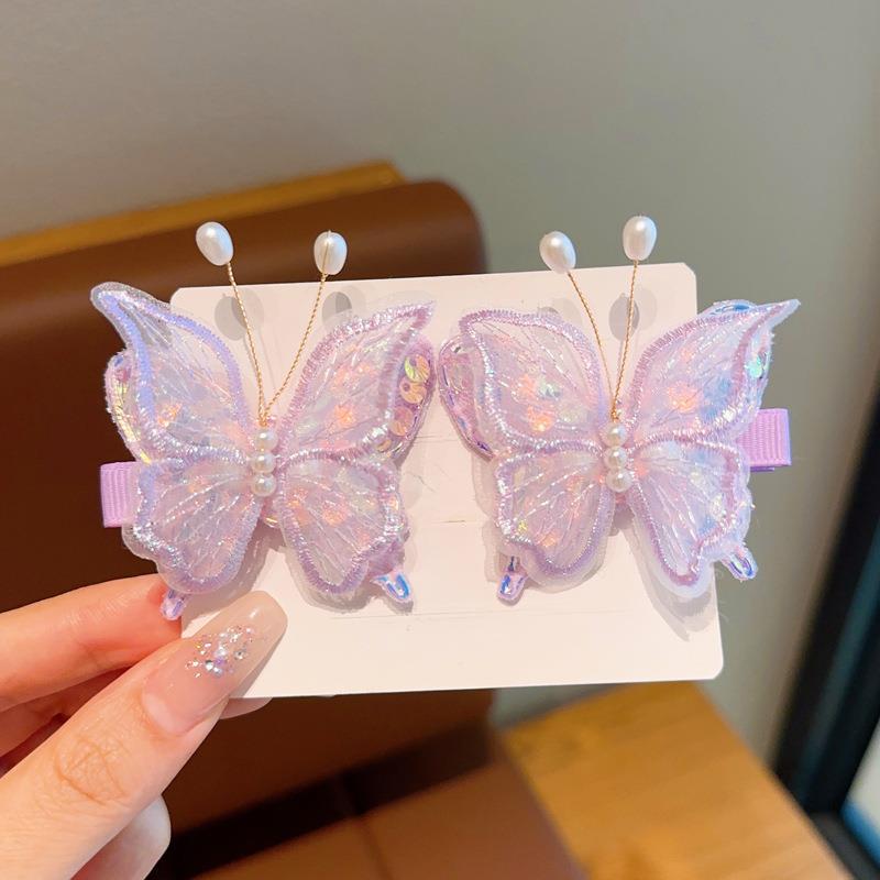 新款超仙古风网纱蝴蝶发夹双层亮片少女侧边发夹女孩刘海夹批发 图片